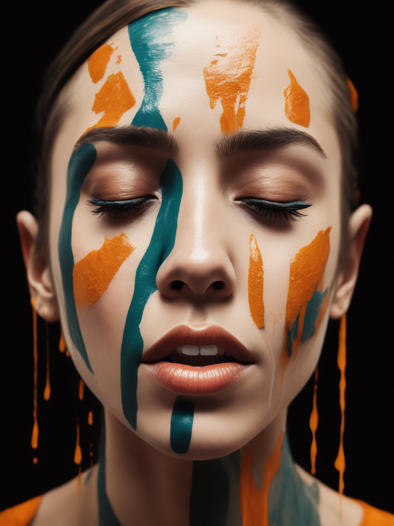 Portrait of a girl with a painted face and paint flowing from her face, closed eyes, black background