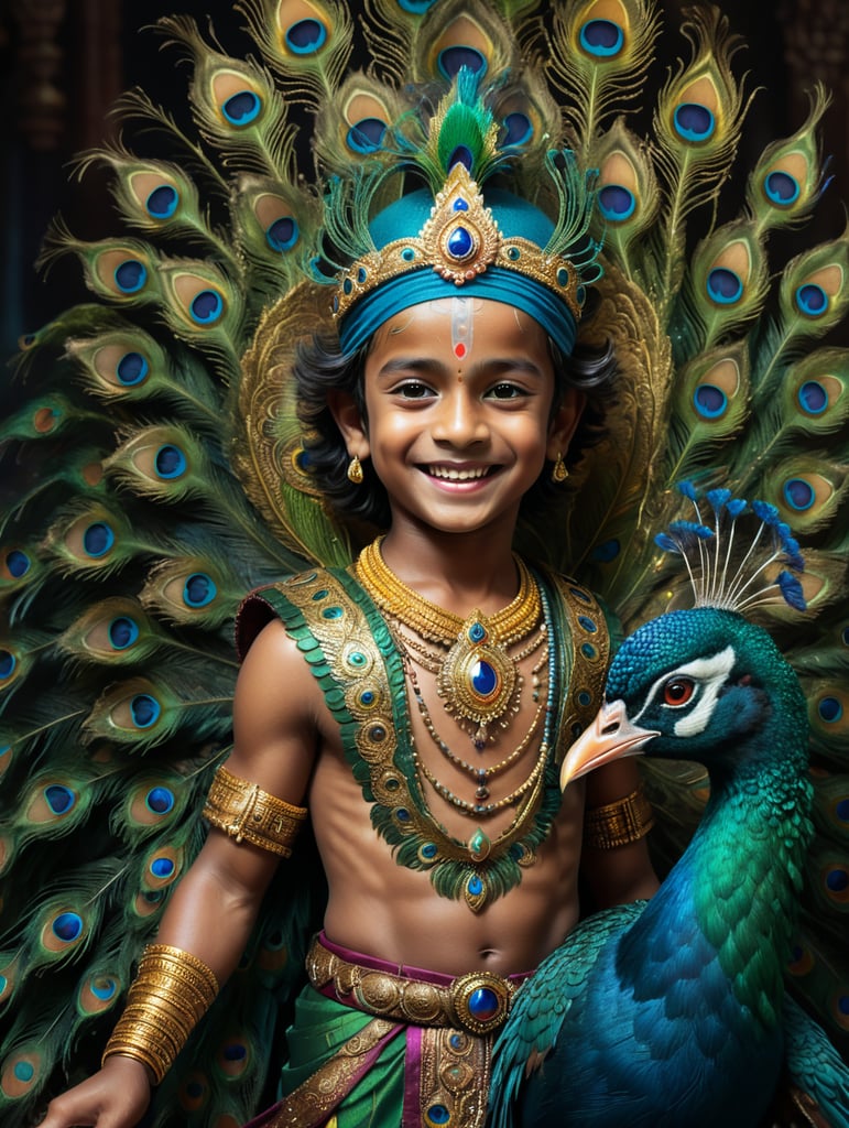 Create smiling boy as krishna with peacock