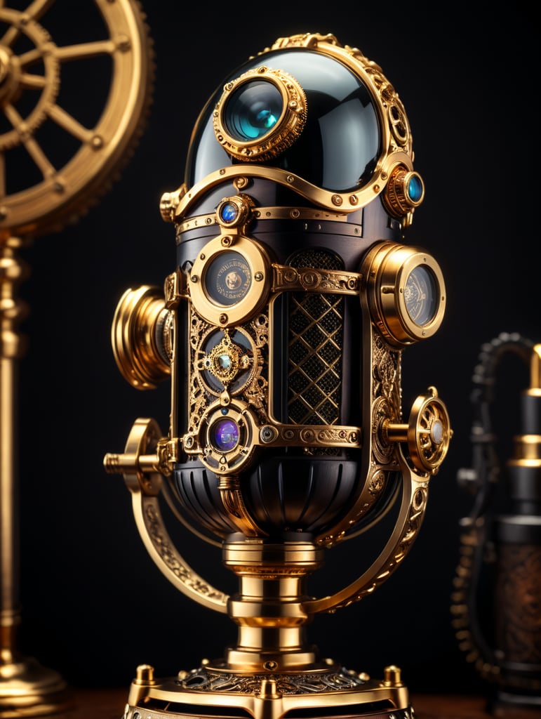 podcast mic made by a skilled craftsman in gold perfume bottle steampunk style