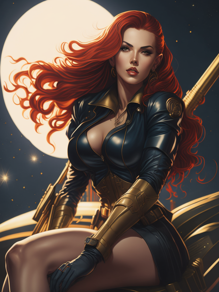 Miss Fortune pin-up in the style of ed emshwiller, curvaceous body, sitting on a rocket in the style of ed emshwiller, beautiful face, sparkling eyes, flowing long hair, scene, digital art, centered, sunlight, godrays, vignette, shaders, intricate, highly detailed, bloom, sharp focus, depth of field,