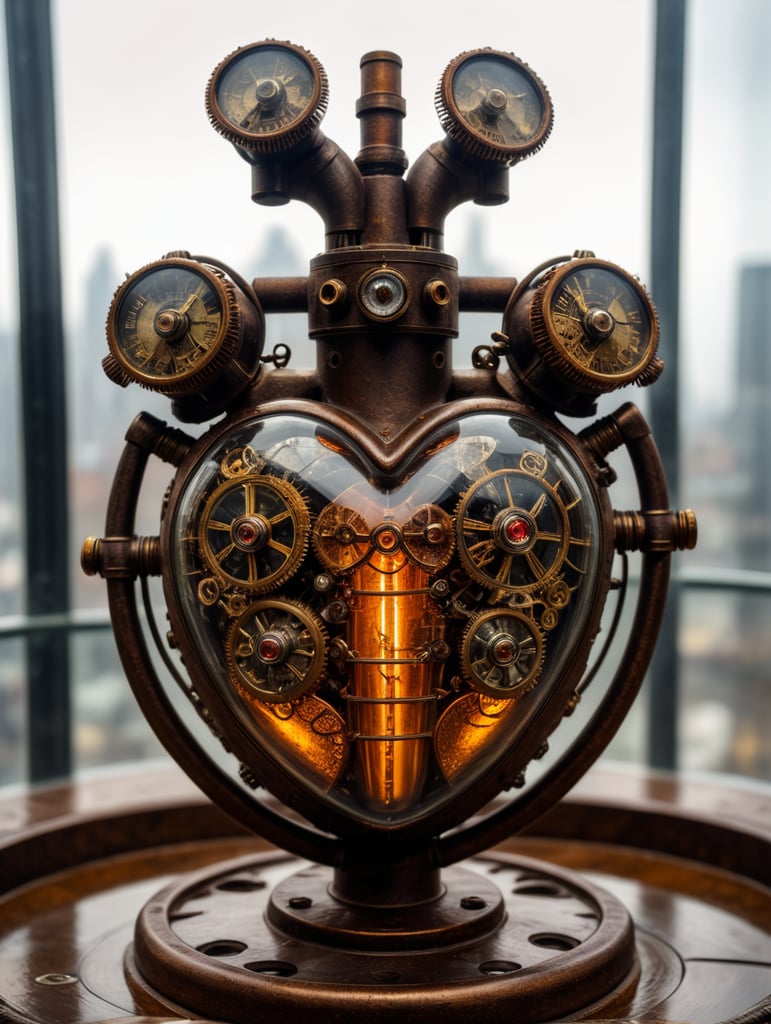 hyper realistic dead rusted heart in steampunk style inside of a glass capsule. The top of the heart has protrtuding pipes, stop valves, coils, tubing and mechanical gadgets, extremely detailed dead rusted heart