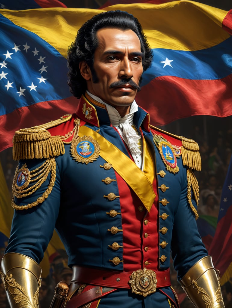 libertador simón bolívar vestido a la moda, gramour, pero estilo reggaetonero y de fondo la bandera de venezuela