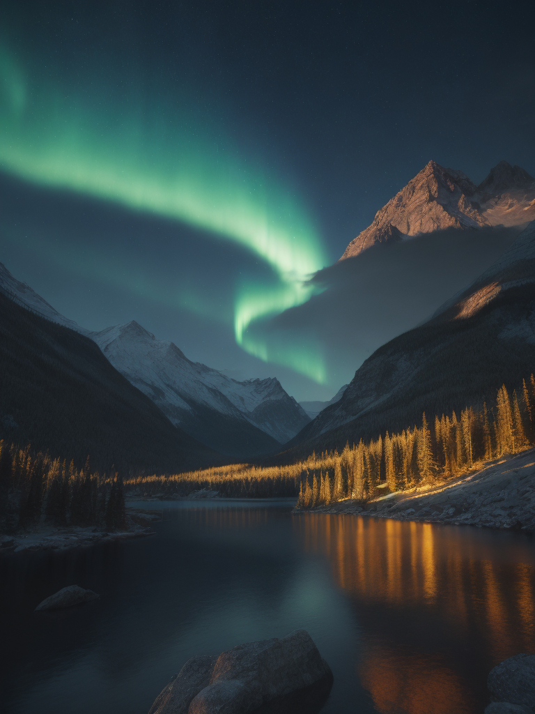 british columbia, surrounded by mountains and nature, beautiful lakes and rivers, northern lights, volumetric lighting, photorealistic, insanely detailed and intricate, canadian rocky mountains, 8k ultra hd, matte painting, night time, Sweeper3D, Ultra realistic, (35mm style:1. 1), ((best quality)), ((masterpiece)), ((realistic)), radiant light rays, highres, highly detailed, concept art, Exaggeration, Aesthetic, magazine, Backlight, light color , heavenly, shadowy, Realism, octane render, unreal engine 5, Shaders, Denoise, De-Noise, Ambient Occlusion