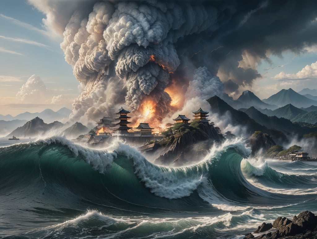 Epic photograph of an earthquake in Japan, large waves, destruction, fire, in the style of Aivazovsky