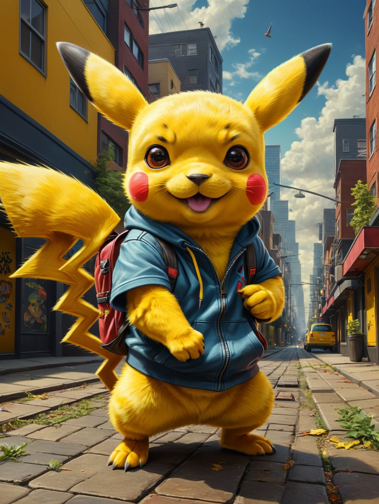 Pikachu Pokemon wearing urban clothes over a minimal plain yellow background