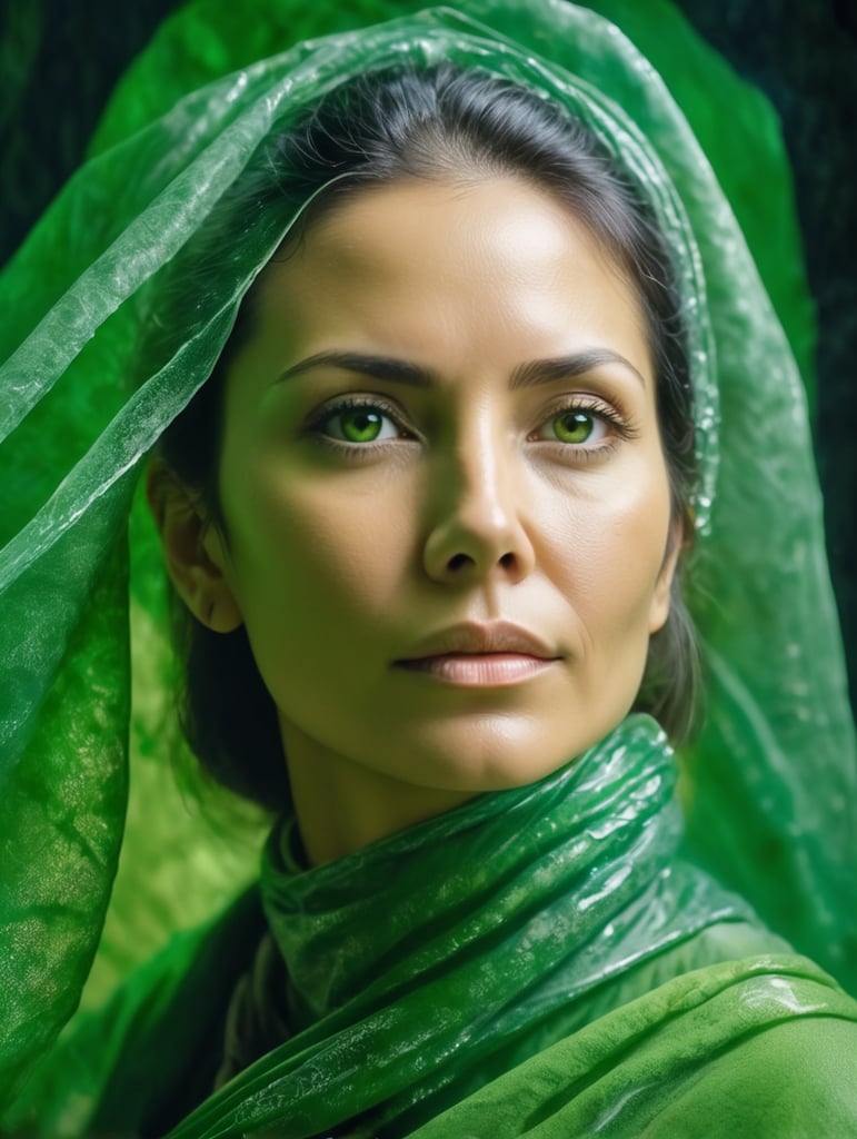 Portrait of a woman experiencing spiritual experience, wrapped green film