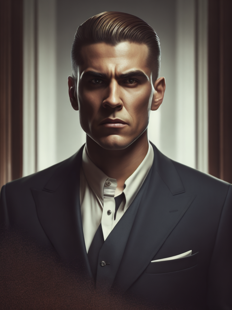 Portrait of a mafia boss in formal suit, Thick build, Hair slicked back, Aggressive look, Against a vintage interior, Subdued tones, Deep colors, contrasting light,