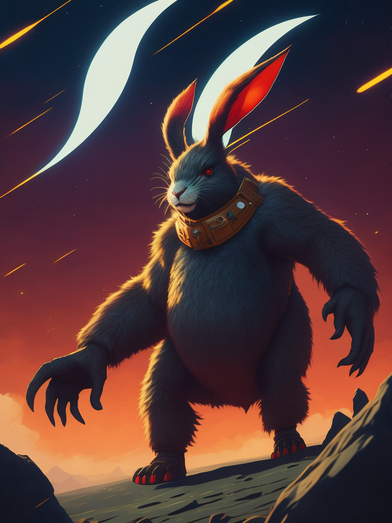 Photo of a rabit monster in the space, style of laurie greasley, studio ghibli, akira toriyama, james gilleard, genshin impact, trending pixiv fanbox, acrylic palette knife, 4k, vibrant colors, devinart, trending on artstation, low details