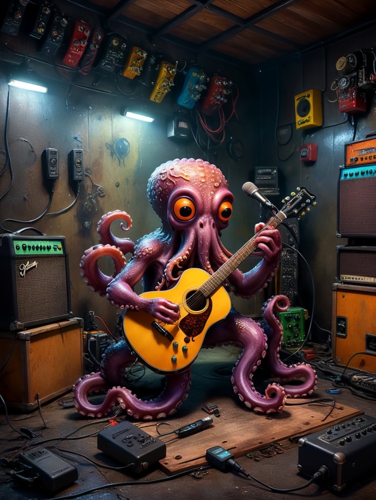 Polvo colorido tocando guitarra com microfone pedaleira em uma garagem velha estilo Disney pixar