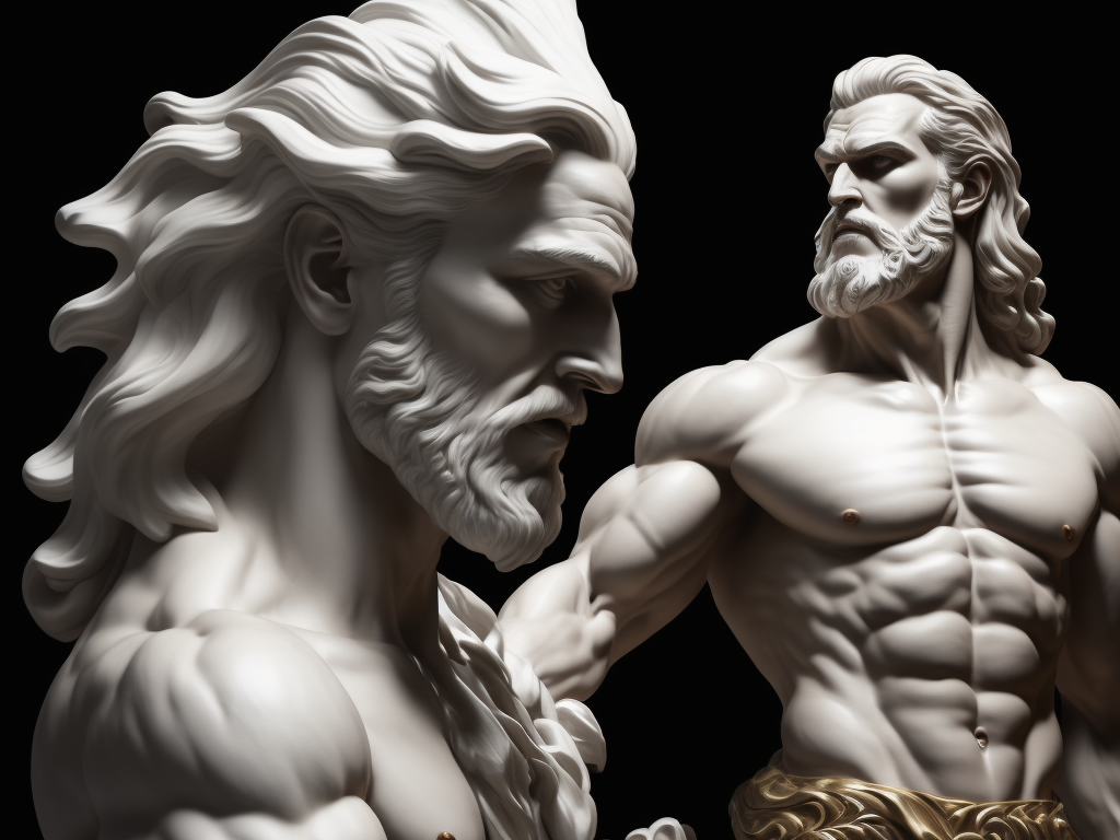 A realistic portrait white greek marble statue of a zeus, black background, moody, angry, photorealistic, movie scene, super detailed, hyperrealistic, full body, rage face