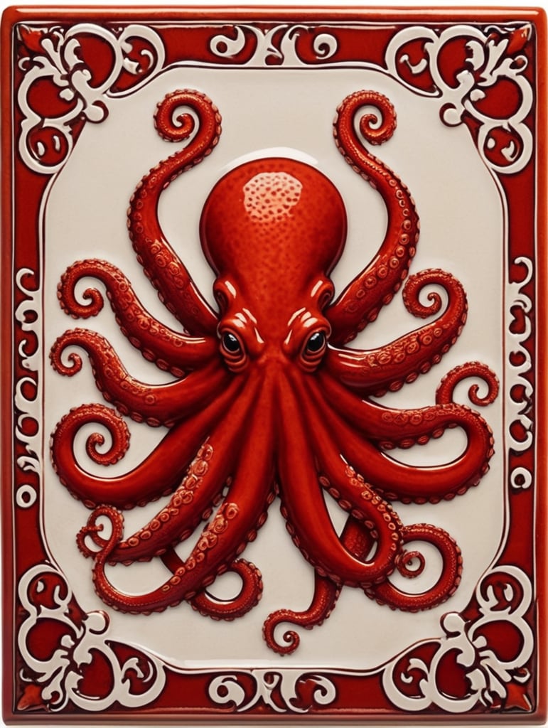 Square ceramic glazed tile with medieval art octopus, everything red color, Azulejo