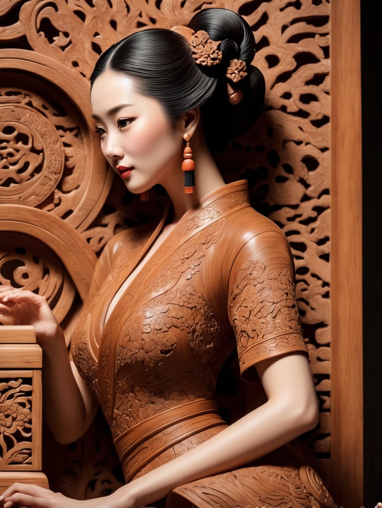a graceful woman, Chinese Wood carving, retro, textured, prominent details, minimalist, modeling, high-definition, fine, light and shadow, single object, shoot by a sony camera, 35mm, intricate designs, delicate details, and high level of craftsmanship, aesthetic beauty, cultural significance, and historical importance