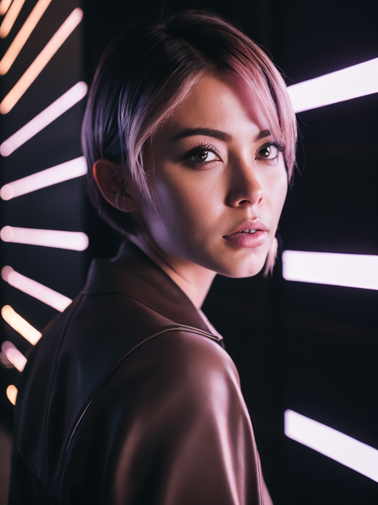 A women with a short black hair, stands near neon light illumination ad, looks on camera, cinematic shot