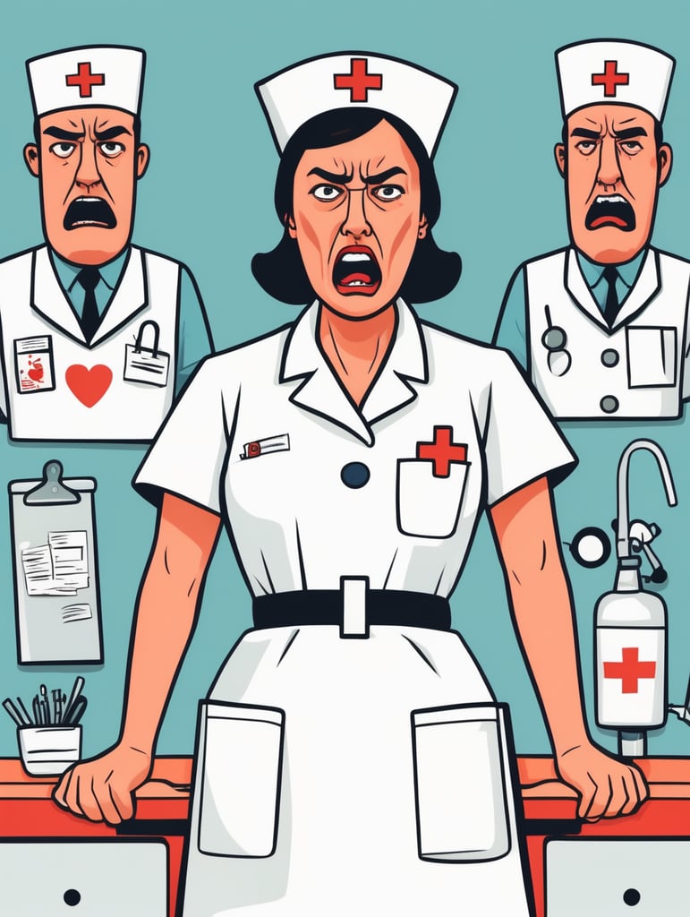an angry nurse, Illustration, Flat Style, France, style of Jean Jullien
