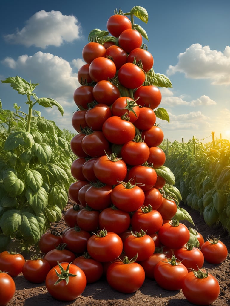 several red tomatoes stacked together forming a ketchup bottle with some leaves around it, beautiful tomato plantation in the background and a blue sky, short grass and yellow flower, creamy light, ambient lighting, beautiful colors