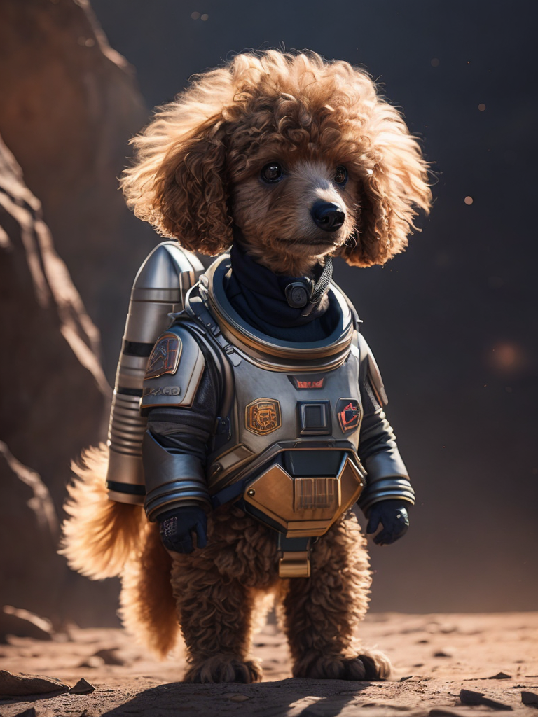 A curly poodle like a Rocket Raccoon from Guardians of the Galaxy wearing astronaut costume on the Mars