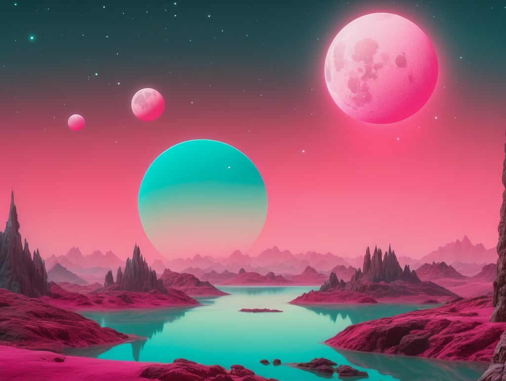 neon pink and teal planet landscape, two moons in the sky