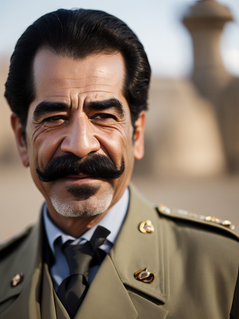 Saddam Hussein dancing in desert , Saddam Hussein was a prominent political figure who served as the President of Iraq from 1979 to 2003. He led Iraq through a period marked by conflict, both domestically and internationallyn, portrait in Iraq office, special atention of red sharp focus, highly detailed, photorealistic photoreal: 1.4, lifelike,highly detailed CG unified 8K,looking at the viewer smiling, (HQ skin:1.4), 8k uhd, dslr, soft lighting, high quality, film grain, Fujifilm XT3, smiling front camera. Saddam Hussein was the President of Iraq from 1979 to 2003. He was known for his distinctive physical appearance. Here's a description of his physical attributes: Saddam Hussein was of average height, standing around 6 feet (183 cm) tall. He had a stout build and often appeared in military uniforms or traditional Arab attire. He had a mustache and typically kept his hair closely cropped. His facial features included a prominent nose and dark eyes.