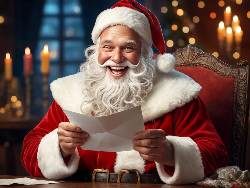 Portrait of Santa Claus smiling, one tooth missing, holding a letter, whimsical facial expression, flowing white beard, jolly caricature, saturated colors, red outfit, sharp focus, portrait photography, depth of field, dramatic candlelit lighting, incredibly high detailed, blue background, blurred background,