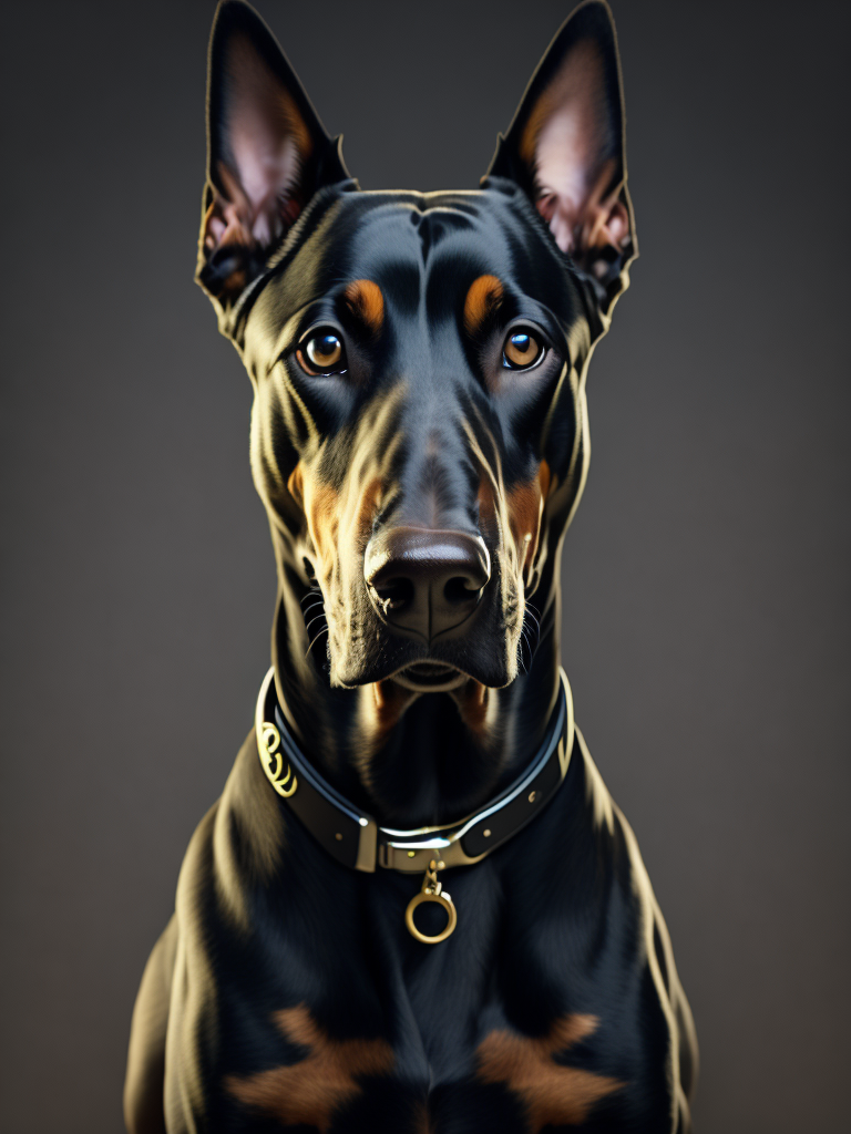 Doberman dog holding two pistol and looking at the camera