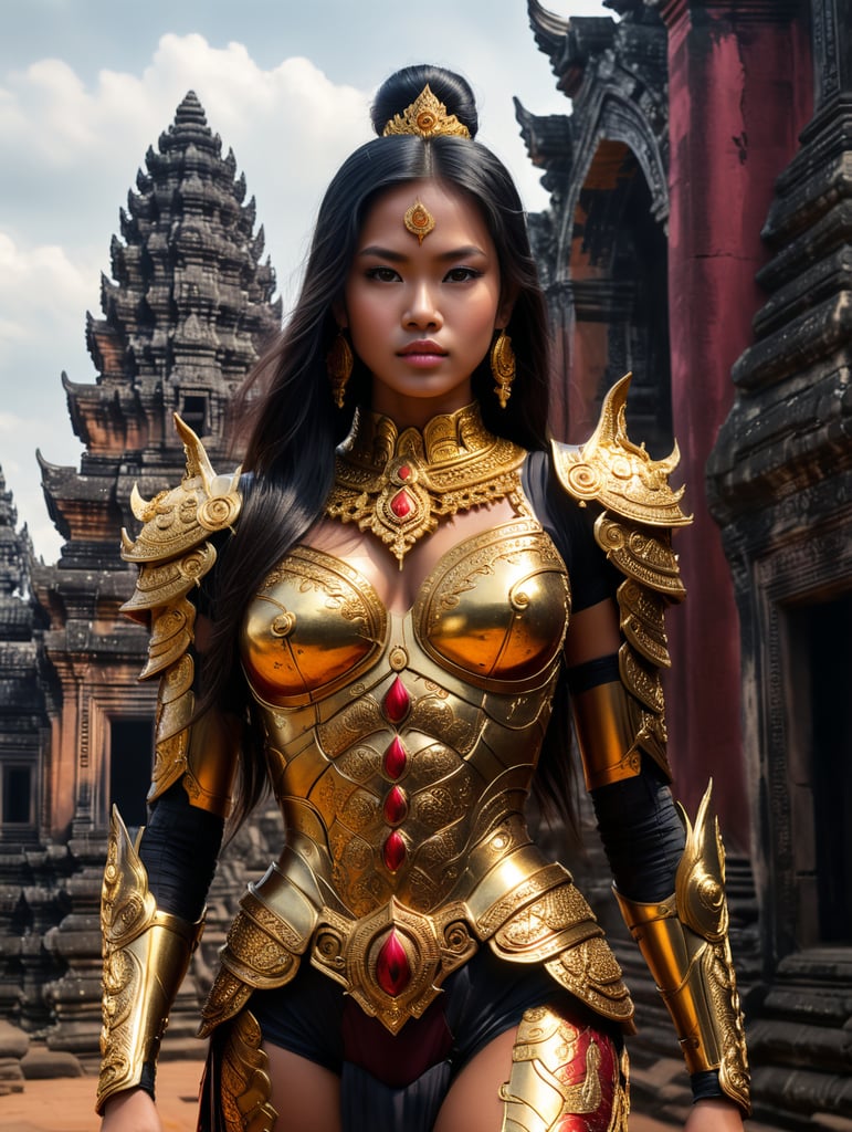 A young beautiful khmer girl in golden armor and black hair against the backdrop of angkor wat temple in siem reap in red-burgundy tones, blurred background, focus on the girl, detailed armor, Dramatic Lighting, Depth of field, Incredibly high detailed