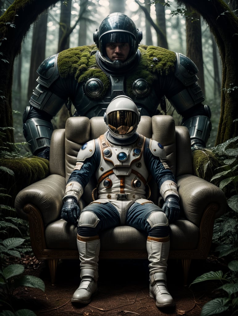 Spaceman sitting on a couch in the middle of a dark forest
