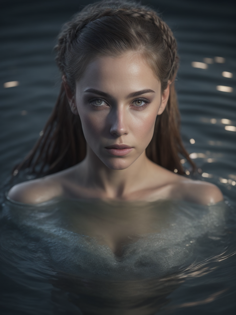 realistic looking mermaid in dark water with viking braids and a stern face beautiful at night with a lot of detail
