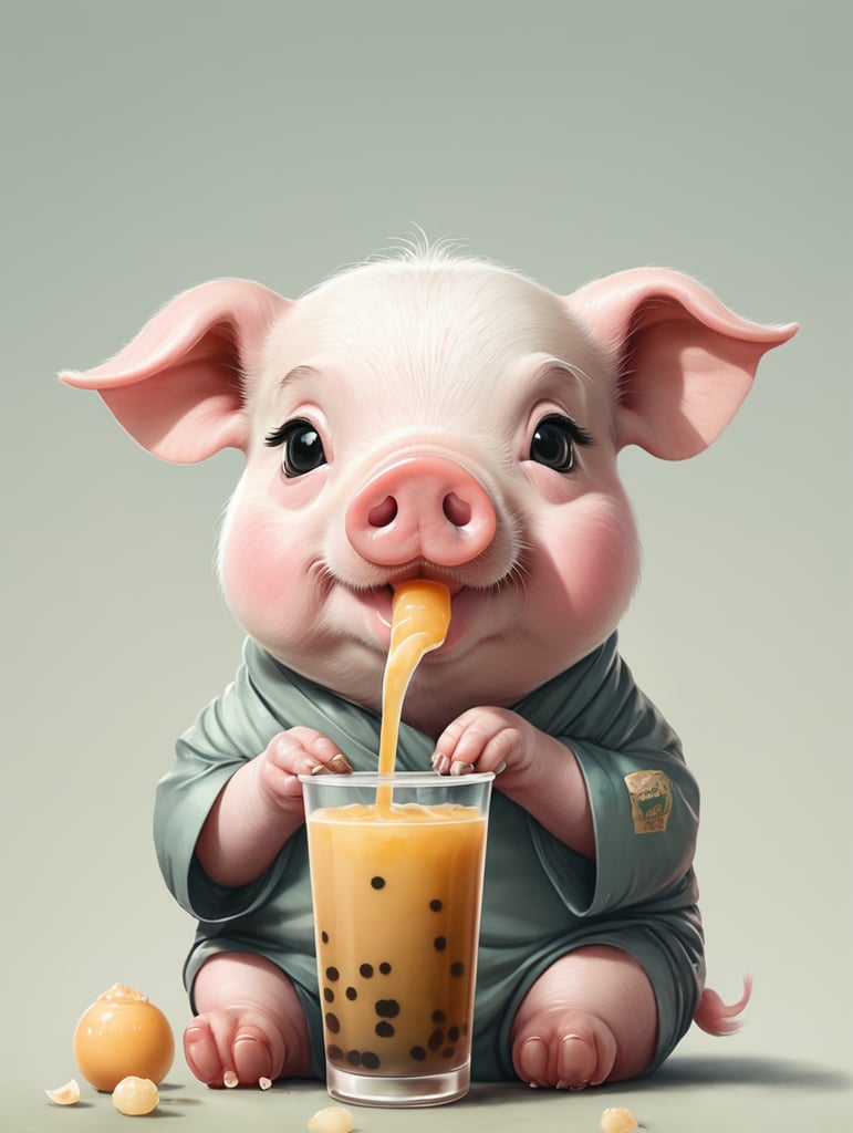 A cute pig drinking boba