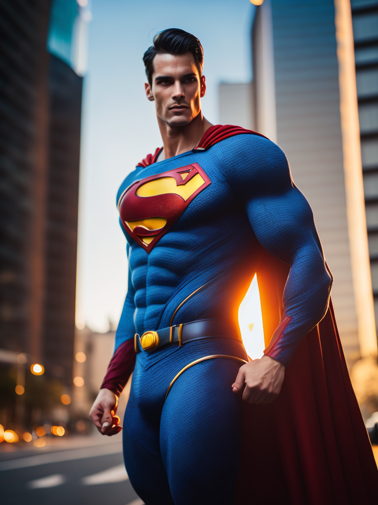 Portrait of a superman in a knitted suit, a blue suit with a red and yellow superman logo on the chest, a city in the background, a blurred background, professional shot, bright saturated colors, sharp focus, highly detailed