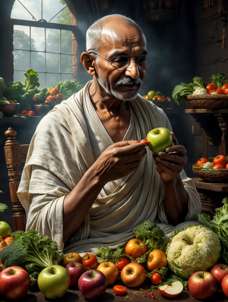 Mahatma gandhi Ji eating apple and vegetables, high quality 4k image with high detailing resolution