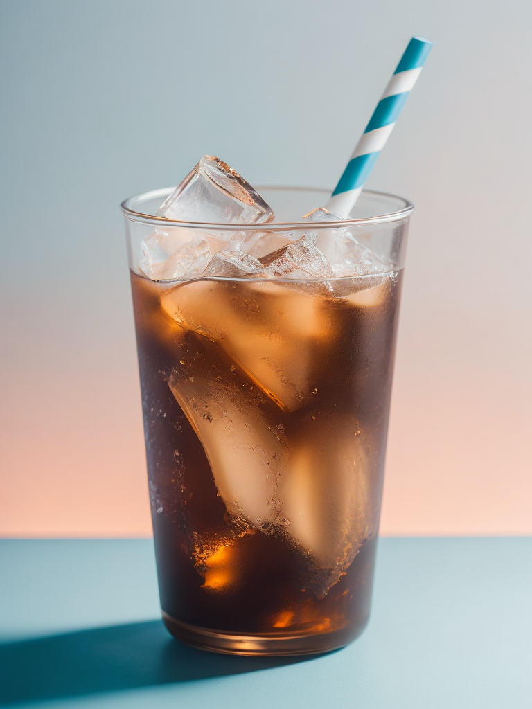 Glass with cold brew coffee and ice and a straw, pink-blue background, sharp on details