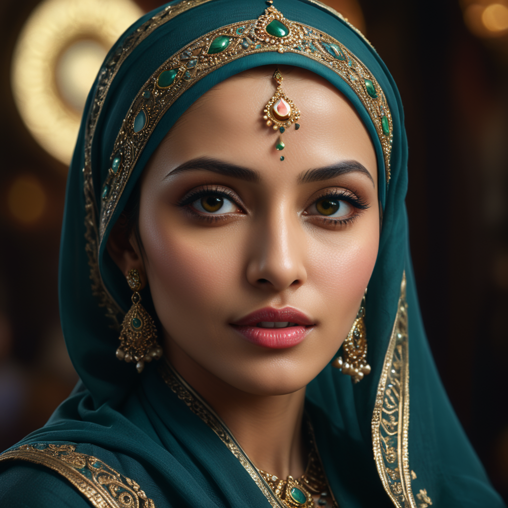 hyperrealistic, beautiful, elegant, muslim woman, commercial photography, realism, detail facial, intricate, Sony Dslr Alpha A7, ISO 1000,octane,8k