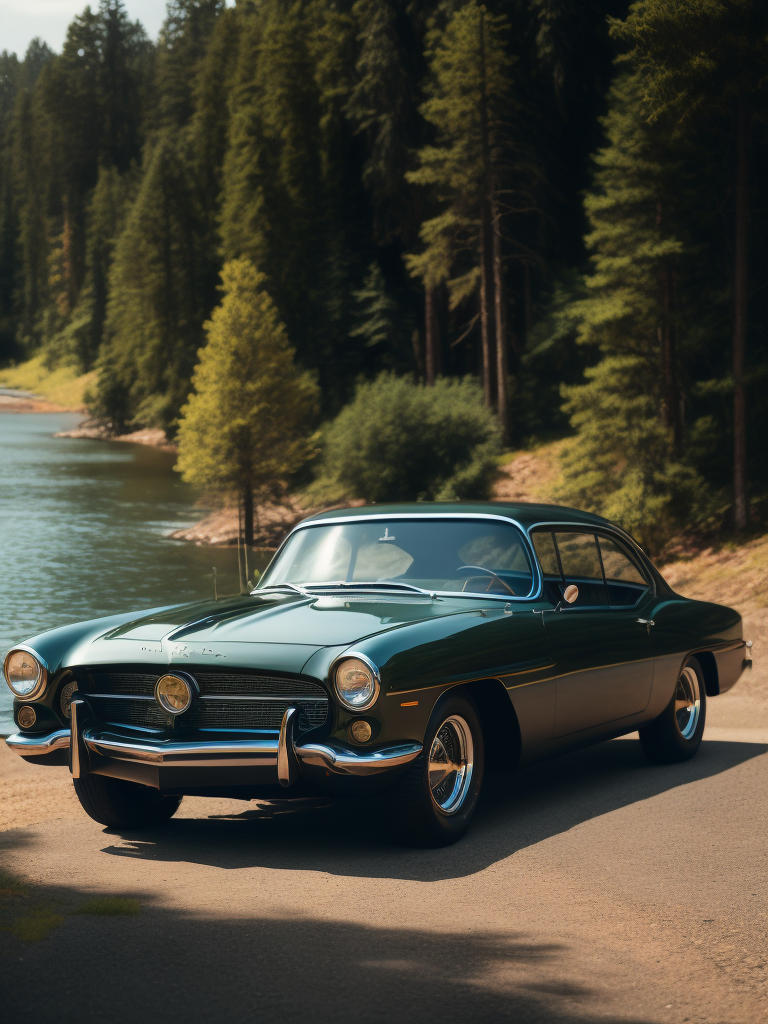 Ретро-автомобиль в три четверти на берегу реки, за которой сосновый лес