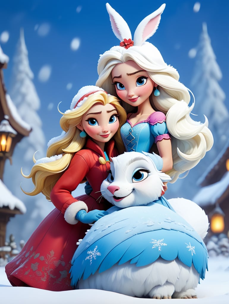 New year's card, Santa Claus and Snow Maiden, rabbit, deere, by Justin Gerard and Greg Rutkowski