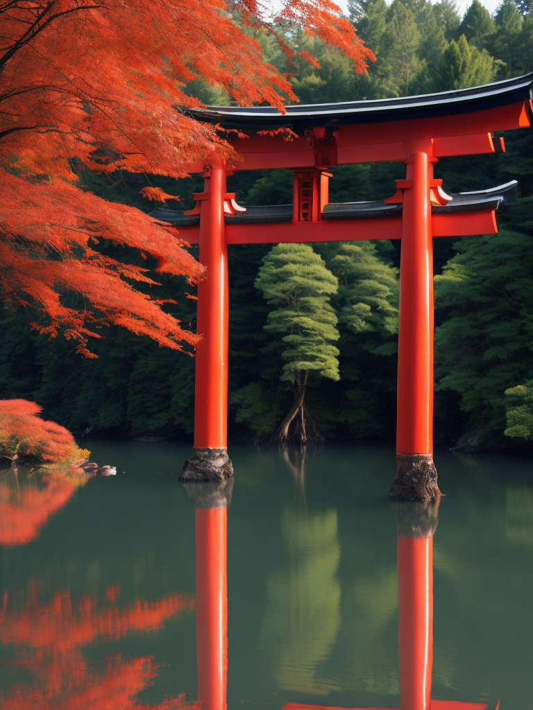 Red torii gate in middle of a lake, Dense forest on the edge of the lake, Bright and saturated colors, Japanese culture, photorealistic, contrast light