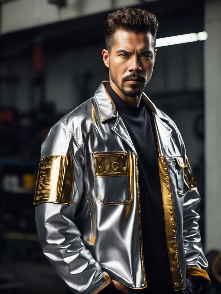 a Welder Jacket, futurist, mechanic, gold, silver, shot on leica, fashion portrait, by kith