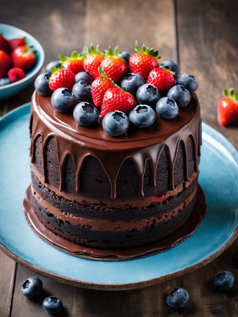 Fudge cake with chocolate icing topped with berries 3 layer chocolate fudge cake with strawberries blue berries and raspberries