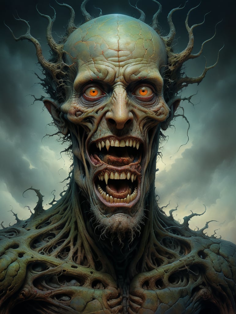 Distorted, nightmarish portrait of a figure with elongated limbs and contorted features, rendered in the distinctive style of Beksinski.