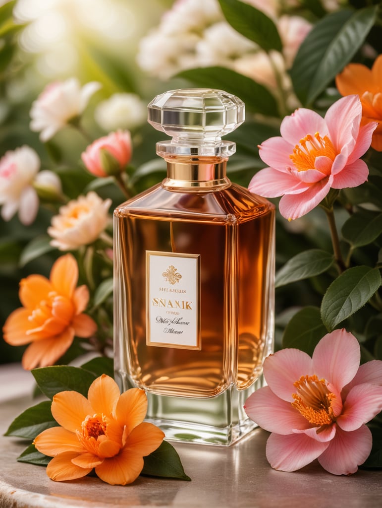Luxury perfume bottle with blanc label, snak next to the bottle, floral background, pink and orange flowers