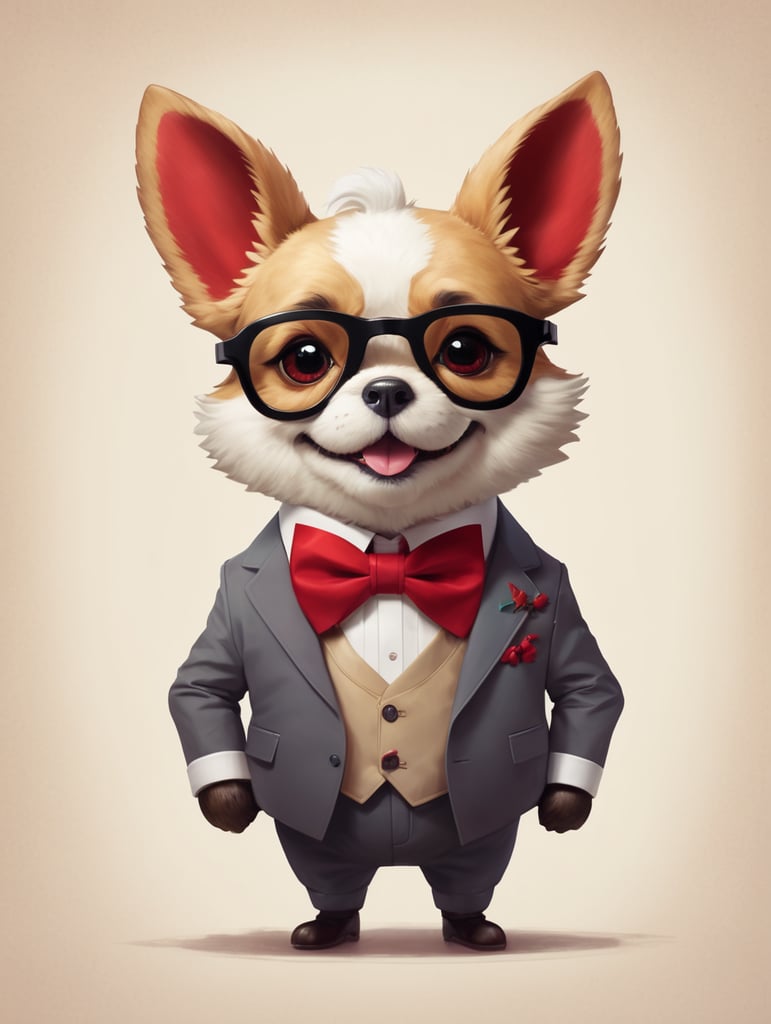 Whimsical Pixar-style corki with a red bow tie