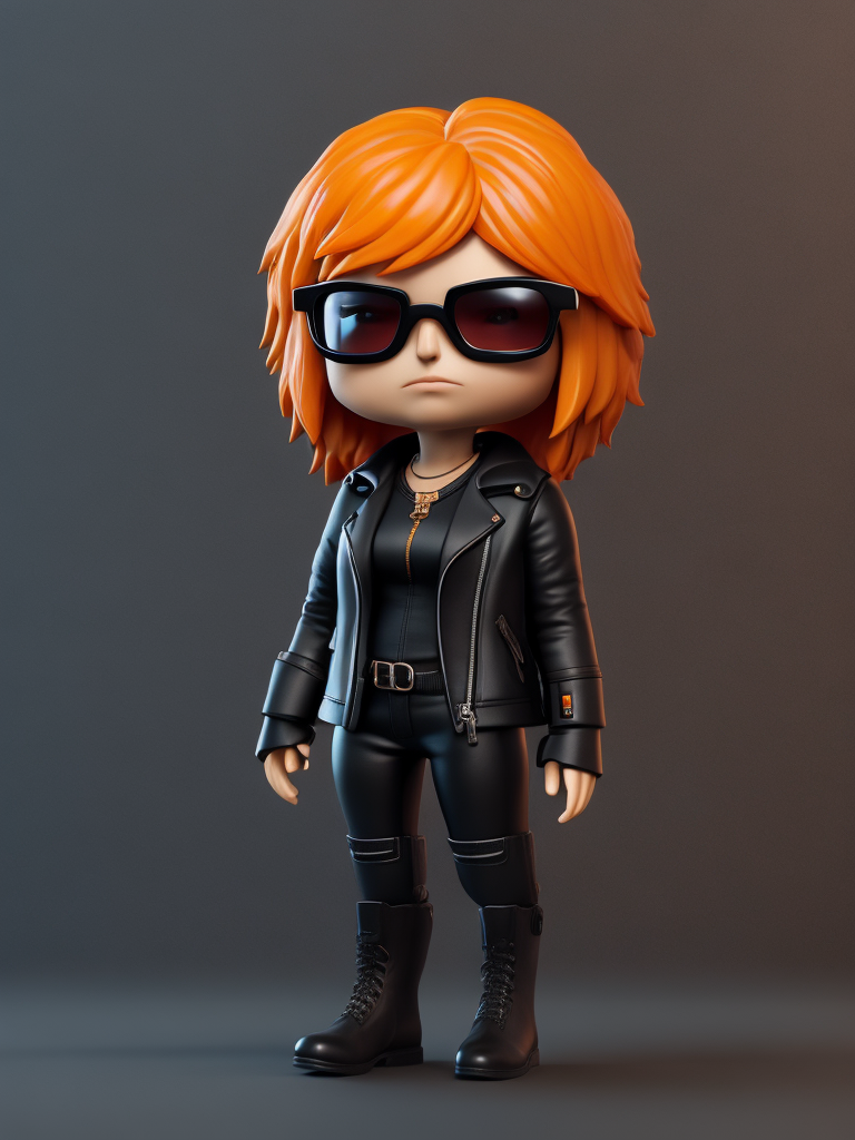 Full body Plastic figurine of a brutal chick with Red hair, black glasses, leather jacket, black boots, 3d octane render, funko pop, gradient background, orange backlight