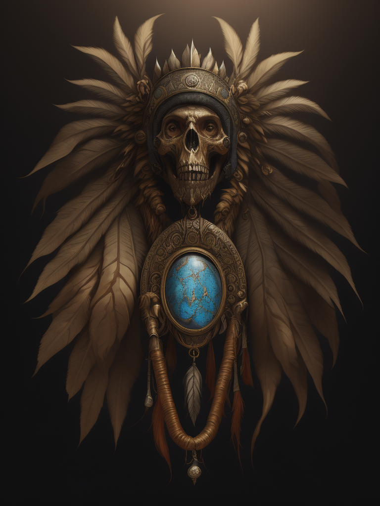Magical amulet from native american culture made of bones and feather, digital art, super highly details