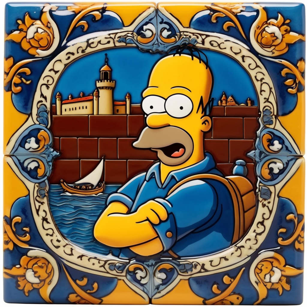 Square ceramic glazed tile with medieval art Homer Simpson, Azulejo