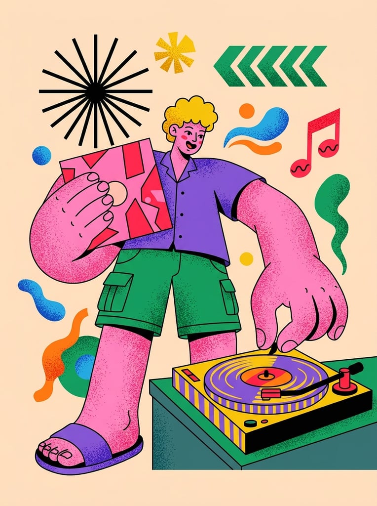 A stylized, vibrant illustration of a brightly colored figure with exaggerated proportions playing a record. The character features heavily textured pink skin, a small blonde head, and massive hands. They wear a purple shirt, green shorts, and purple sandals. One oversized hand holds a pink and red record sleeve, while the other adjusts the tonearm of a yellow and purple striped turntable. Floating abstract shapes surround the figure, including a large black starburst, a yellow starburst, a green chevron, a red musical note, and colorful wavy blobs. The scene is set against a pale peach background, rendered in a flat graphic style defined by bold contrasting colors and a pervasive grainy, stippled texture.