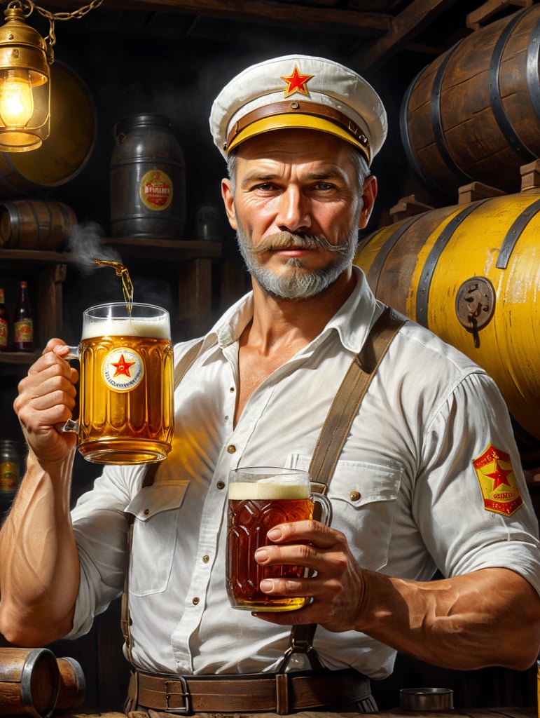poster, A Soviet man in a white shirt and cap holds a mug of kvass in his hands, a Soviet yellow barrel of kvass can be seen in the background