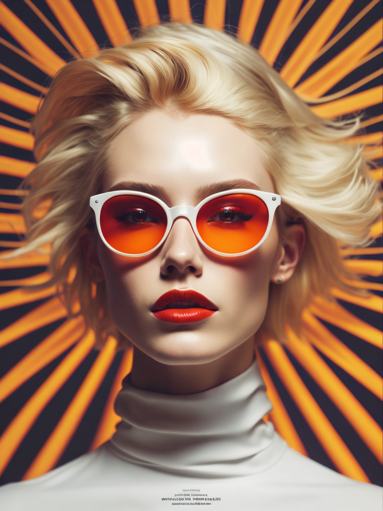 Pale-skinned girl model, wearing a high-necked dress, contrast lighting, white sunglasses with red-orange lenses, red lips, blonde hair in a bob style, dark background with orange-red rays, fashion model, magazine cover, professional shot,