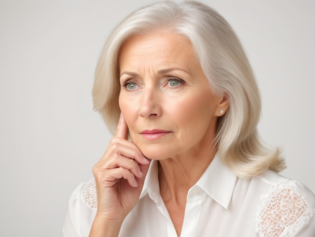 Blonde middle aged woman ponders on something keeps hand near face, white hair, white blouse, mature women, pretty old women, isolated, white background