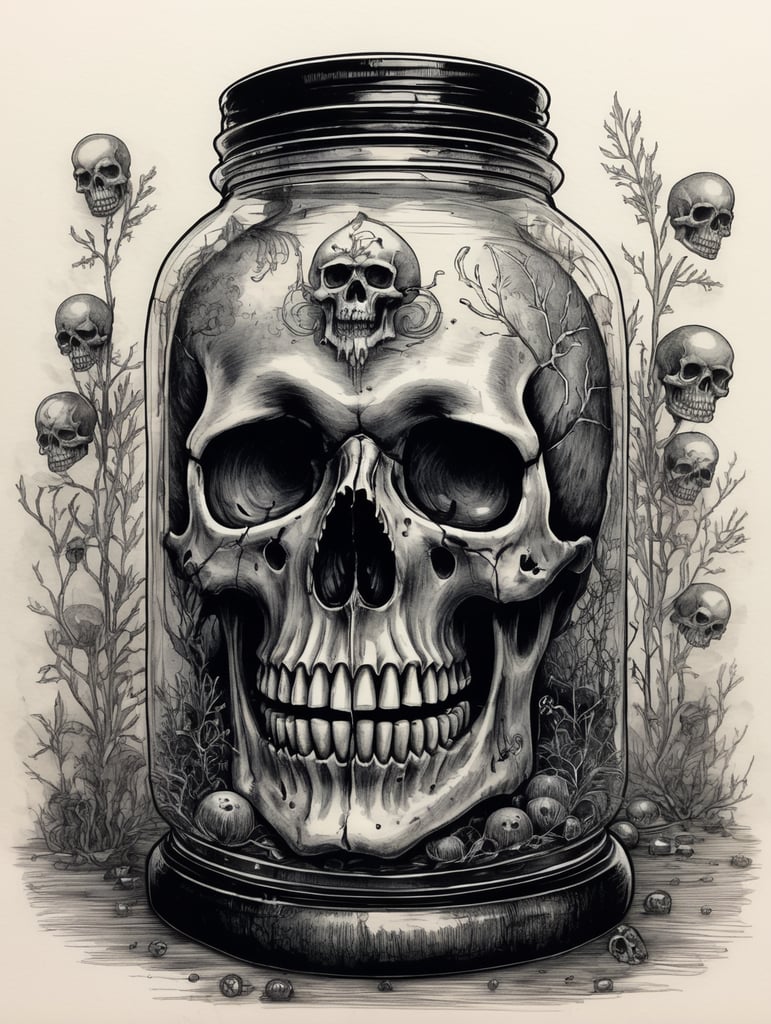 ink sketches frost art macabre illustration creepy drawing skull in a jar gothic artwork detailed sketch dark art gruesome image ink pen drawing