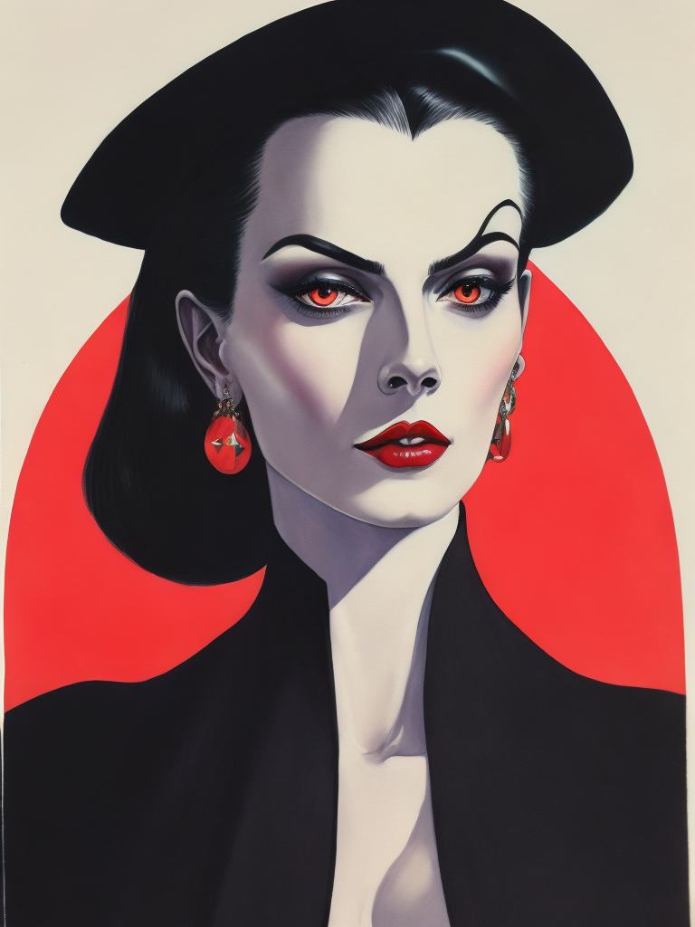 Vampira, alluring, Chicano goth, femme fatalle, stunning vampiress, evil eyes, hypnotic gaze, sheer Gothic attire, watercolored pencil on arches paper by Tamara de Lempicka and David Hockney