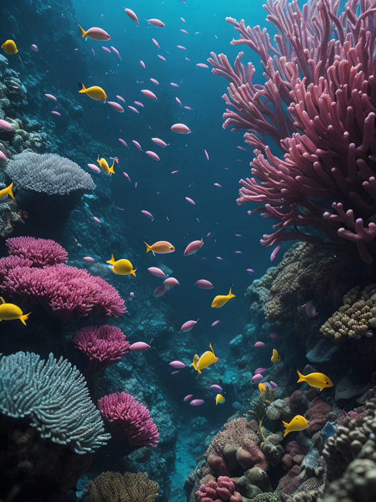 Bring to life a magical underwater scene with colorful coral reefs and exotic fish